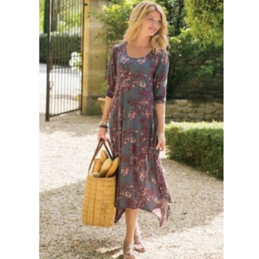 Soft Surroundings Ruched Midi Dress Gray and Pink